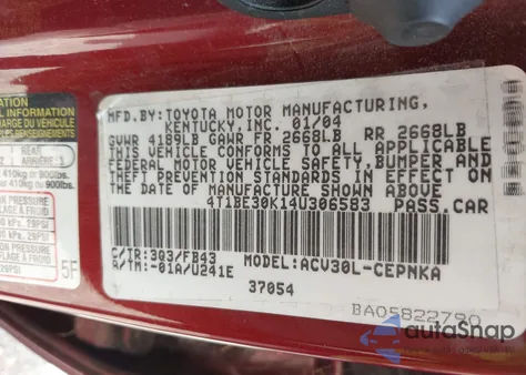 2004 Toyota Camry Le z USA, uszkodzony, nr VIN 4T1BE30K14U306583